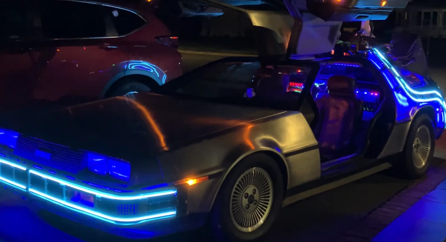DeLorean exterior blue flux bands and tachyon emitter lighting for DC area weddings and events