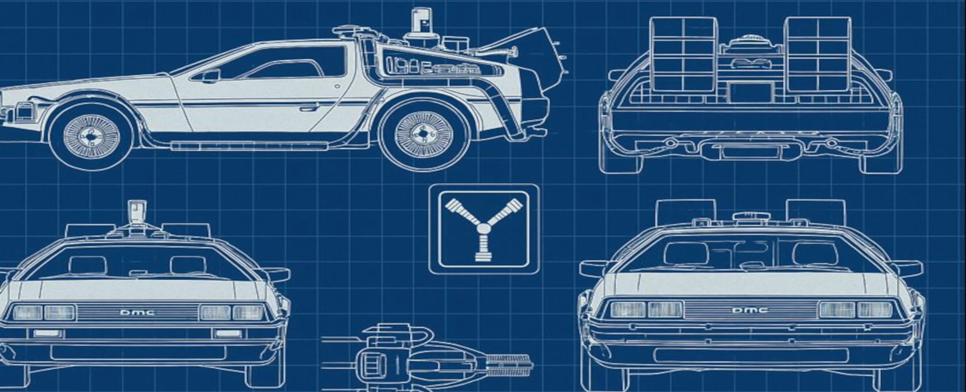 Blueprint background of the DeLorean time machine layout
