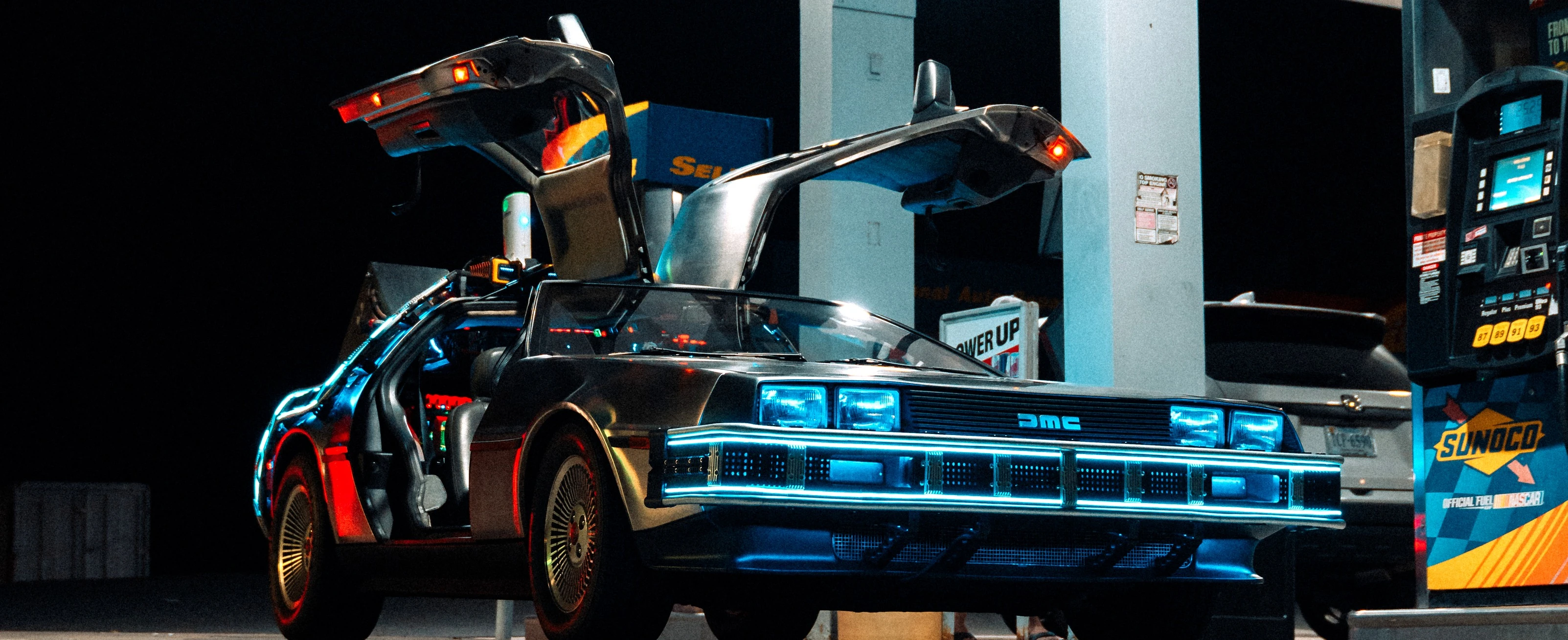Custom DeLorean Time Machine rental with LED lighting effects for Northern Virginia weddings and events